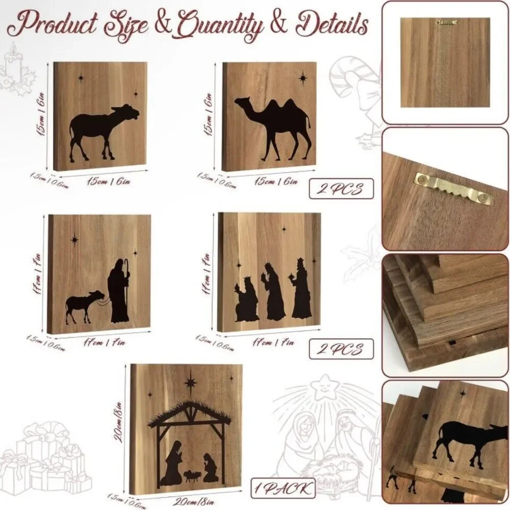 Christmas Nativity Scene 5‎  Pieces Wooden Hanging Frame Ornament Christmas